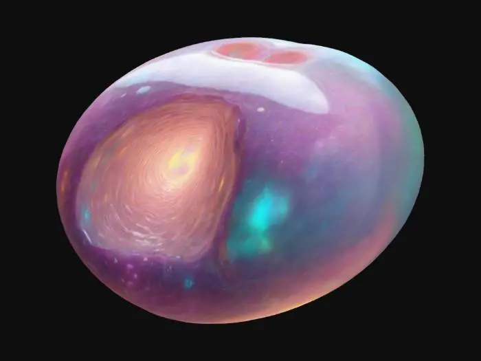 3D model for organic pod & translucent surface & glowing internal swirl & soft cosmic particles & pastel fluid-like outer texture