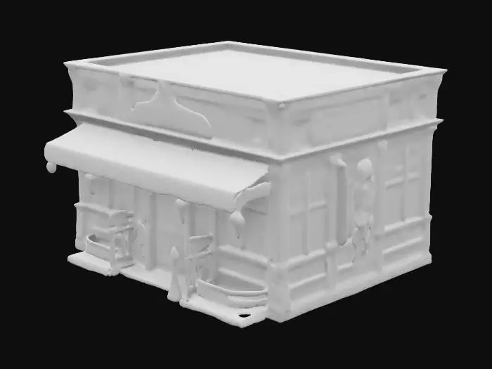 3D model for Victorian butcher shop, dark wooden frame, gothic storefront, polished iron-trimmed glass, emerald copper roof shingles, blood-red awning, heavy oak door, engraved wooden signage, leaded bay window, deep stone foundation, carved wooden columns, black iron lanterns, wrought iron railing, arched entryway, brass door handle, small fogged-over side window, tiled doorstep, cast iron boot scraper, ivy creeping up stone walls, gothic drain spout, heavy iron door hinges