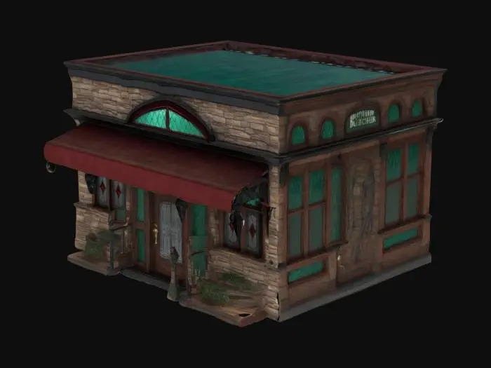 3D model for Victorian butcher shop, dark wooden frame, gothic storefront, polished iron-trimmed glass, emerald copper roof shingles, blood-red awning, heavy oak door, engraved wooden signage, leaded bay window, deep stone foundation, carved wooden columns, black iron lanterns, wrought iron railing, arched entryway, brass door handle, small fogged-over side window, tiled doorstep, cast iron boot scraper, ivy creeping up stone walls, gothic drain spout, heavy iron door hinges