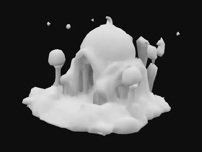 3D model for Low-poly whimsical hub structure & floating cosmic theme & smooth organic shapes & bioluminescent accents & glowing pastel lights & hovering crystal formations & soft curving arches & intricate celestial engravings & levitating lanterns & swirling energy cores & toy-like proportions & gentle pulsing auras & sci-fi fantasy aesthetic & soft cosmic glow & stylized fantasy architecture