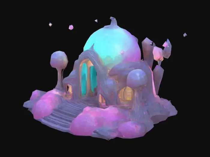 3D model for Low-poly whimsical hub structure & floating cosmic theme & smooth organic shapes & bioluminescent accents & glowing pastel lights & hovering crystal formations & soft curving arches & intricate celestial engravings & levitating lanterns & swirling energy cores & toy-like proportions & gentle pulsing auras & sci-fi fantasy aesthetic & soft cosmic glow & stylized fantasy architecture