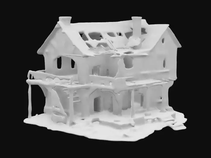 3D model for The Bleeding Hearth
burnt-out gothic house, charred wooden beams, blackened stone walls, cracked foundation, ash-covered surfaces, warped iron reinforcements, collapsed roof, fire-gutted windows, partially destroyed staircase, soot-stained walls