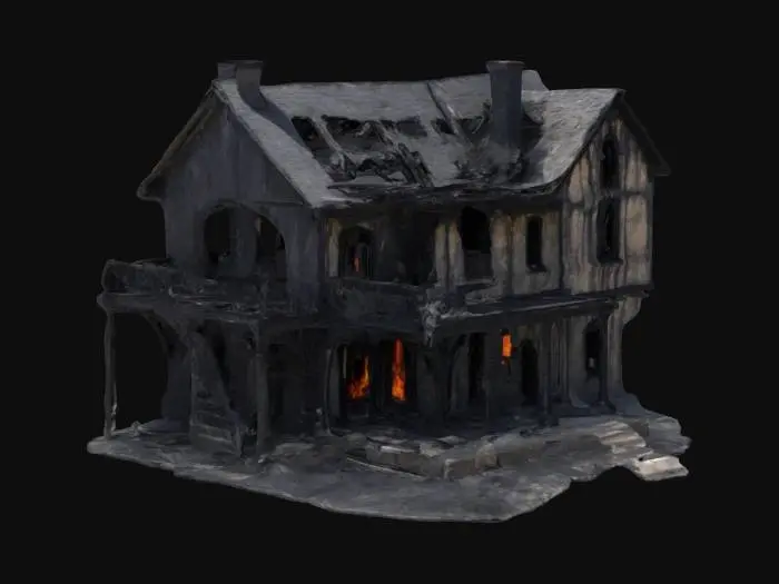 3D model for The Bleeding Hearth
burnt-out gothic house, charred wooden beams, blackened stone walls, cracked foundation, ash-covered surfaces, warped iron reinforcements, collapsed roof, fire-gutted windows, partially destroyed staircase, soot-stained walls