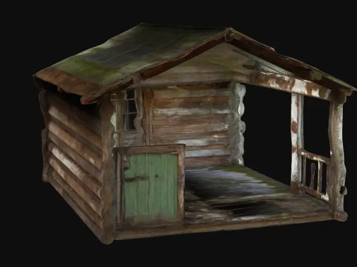 3D model for The Blackwood Shack
abandoned hunting lodge, broken wooden porch, warped floorboards, claw-marked doors, iron-reinforced windows, rusted hinges, termite-eaten logs, overgrown moss, snapped wooden railing,