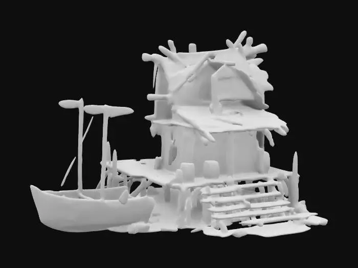 3D model for Rotting wooden planks, collapsed pier, warped fishing nets tangled around rusted hooks, eerie carved totems near entrance, flickering lanterns hanging from bent poles, bioluminescent moss covering shack walls, damp wooden floor creaking, forgotten fishing gear scattered, fog rolling off nearby swamp, strange symbols etched onto wooden beams, abandoned rowboat half-sunken, eerie whispering wind, rusted metal lock on door, old fish barrels oozing black liquid, ritual markings on fishing rod.
