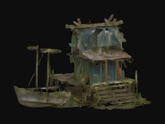 3D model for Rotting wooden planks, collapsed pier, warped fishing nets tangled around rusted hooks, eerie carved totems near entrance, flickering lanterns hanging from bent poles, bioluminescent moss covering shack walls, damp wooden floor creaking, forgotten fishing gear scattered, fog rolling off nearby swamp, strange symbols etched onto wooden beams, abandoned rowboat half-sunken, eerie whispering wind, rusted metal lock on door, old fish barrels oozing black liquid, ritual markings on fishing rod.