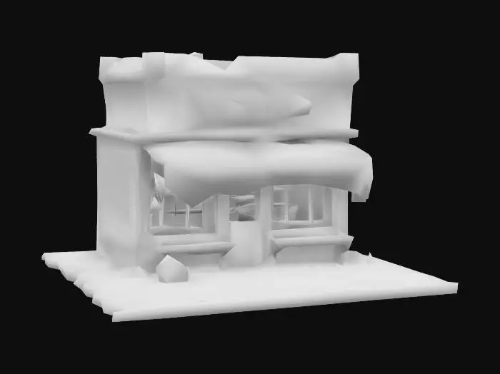 3D model for Warped wooden storefront, shattered windows, eerie signage, hanging rusted lanterns, rotting awning, crooked beams, occult carvings, boarded entrance, twisted iron gate, leaning structure, cobblestone foundation, bioluminescent fungi creeping up walls, eerie runes on wood, dust-covered shelves, shattered pottery, forgotten artifacts, fog seeping through cracks, damp warped floorboards, strange symbols etched onto beams, hanging chains, decayed wooden planks.