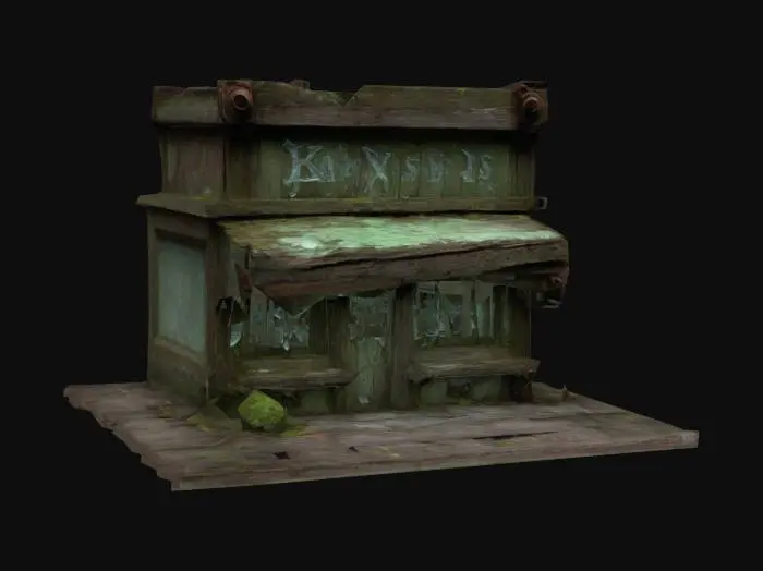 3D model for Warped wooden storefront, shattered windows, eerie signage, hanging rusted lanterns, rotting awning, crooked beams, occult carvings, boarded entrance, twisted iron gate, leaning structure, cobblestone foundation, bioluminescent fungi creeping up walls, eerie runes on wood, dust-covered shelves, shattered pottery, forgotten artifacts, fog seeping through cracks, damp warped floorboards, strange symbols etched onto beams, hanging chains, decayed wooden planks.