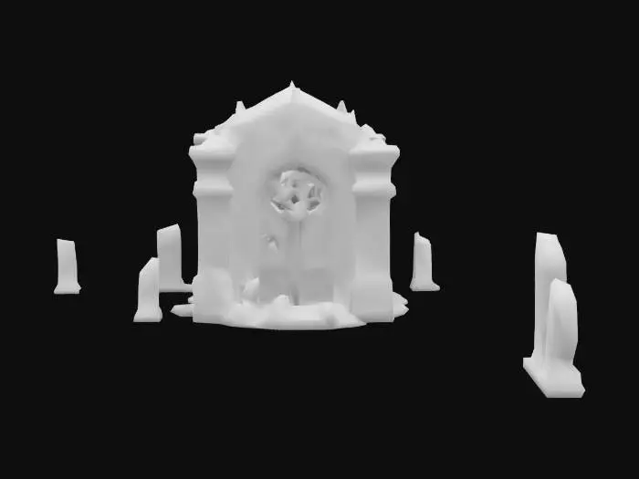 3D model for Ancient stone mausoleum, cracked tombstones, rusted iron gate half-buried in fog, bioluminescent fungi growing between stone cracks, eerie carved runes, flickering torches emitting unnatural glow, deep ritual engravings on stone slabs, broken statues of unknown figures, rotting wooden coffin half-exposed, shattered stained-glass remnants scattered across damp ground, unsettling atmosphere, skeletal remains peeking through collapsed walls, glowing sigils pulsing faintly, eldritch mist swirling.