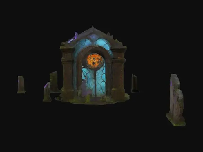 3D model for Ancient stone mausoleum, cracked tombstones, rusted iron gate half-buried in fog, bioluminescent fungi growing between stone cracks, eerie carved runes, flickering torches emitting unnatural glow, deep ritual engravings on stone slabs, broken statues of unknown figures, rotting wooden coffin half-exposed, shattered stained-glass remnants scattered across damp ground, unsettling atmosphere, skeletal remains peeking through collapsed walls, glowing sigils pulsing faintly, eldritch mist swirling.