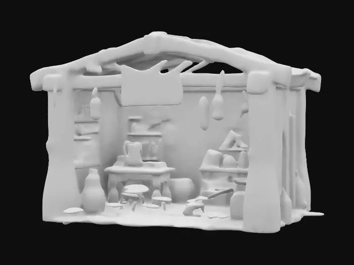 3D model for Crooked wooden shack, shattered potion bottles, glowing eldritch liquid seeping through cracks, rusted cauldrons, strange sigils on walls, warped wooden shelves, eerie hanging herbs, flickering arcane lanterns, deep ritual etchings on counter, bioluminescent mushrooms growing inside, fog creeping under door, shattered glass vials, rusted metal tools, ritual circles burnt into floor, ancient leather-bound books stacked in disorder, occult symbols carved onto stone fireplace, arcane fumes rising.