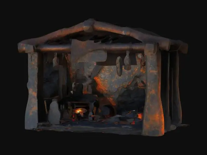 3D model for Crooked wooden shack, shattered potion bottles, glowing eldritch liquid seeping through cracks, rusted cauldrons, strange sigils on walls, warped wooden shelves, eerie hanging herbs, flickering arcane lanterns, deep ritual etchings on counter, bioluminescent mushrooms growing inside, fog creeping under door, shattered glass vials, rusted metal tools, ritual circles burnt into floor, ancient leather-bound books stacked in disorder, occult symbols carved onto stone fireplace, arcane fumes rising.