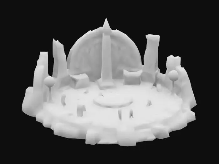 3D model for Circular stone altar, cracked ritual symbols, glowing sigils pulsing, eerie stone pillars leaning unnaturally, bioluminescent fungi growing around base, flickering eldritch lanterns, rusted ceremonial daggers scattered, bloodstained stone, arcane carvings shifting when observed, dense fog swirling unnaturally, skeletal remains half-buried, unsettling runes on weathered stone, shattered obelisk radiating cosmic energy, deep crevices oozing black ichor, unsettling mechanical contraption nearby.

