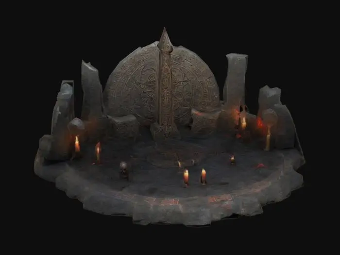 3D model for Circular stone altar, cracked ritual symbols, glowing sigils pulsing, eerie stone pillars leaning unnaturally, bioluminescent fungi growing around base, flickering eldritch lanterns, rusted ceremonial daggers scattered, bloodstained stone, arcane carvings shifting when observed, dense fog swirling unnaturally, skeletal remains half-buried, unsettling runes on weathered stone, shattered obelisk radiating cosmic energy, deep crevices oozing black ichor, unsettling mechanical contraption nearby.

