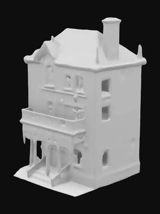 3D model for A two-story, decrepit mansion with shattered stained-glass windows, a collapsed balcony, and eerie green fog seeping from its cracks. Rusted iron lanterns dangle from its skeletal frame.