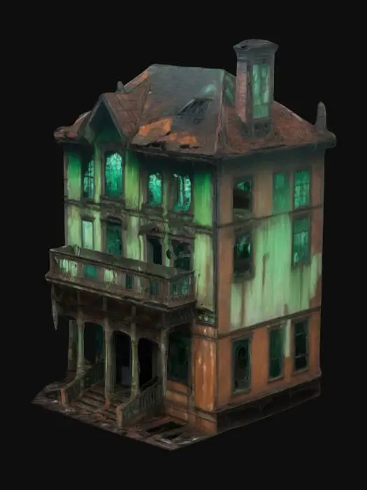 3D model for A two-story, decrepit mansion with shattered stained-glass windows, a collapsed balcony, and eerie green fog seeping from its cracks. Rusted iron lanterns dangle from its skeletal frame.