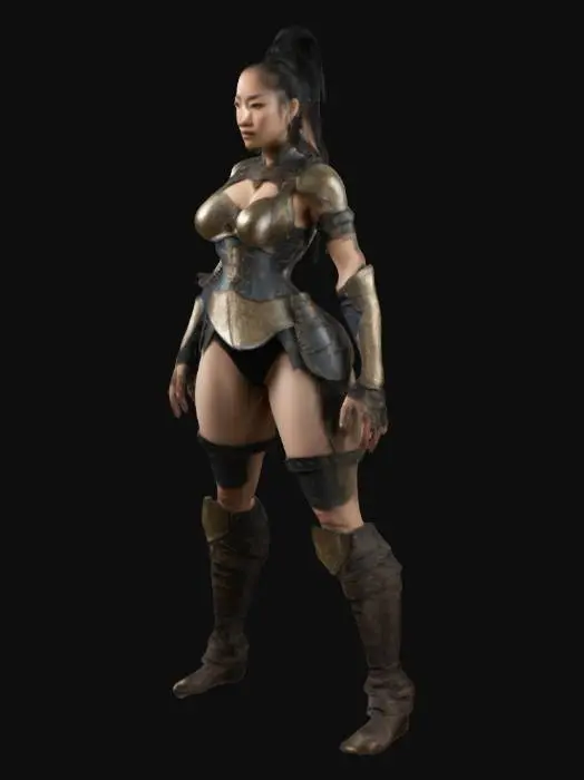 3D model for Powerful toned Asian female, A-pose, arms slightly away, legs hip-width. Large breasts, sculpted core, muscular arms & thighs. High cheekbones, sharp gaze, strong jawline. Tight minimal armor, reinforced chest plate, layered waist guard, form-fitted bracers. Hair long, tied back, battle-ready. Barefoot, stance solid, exuding raw power, fearless warrior presence.
