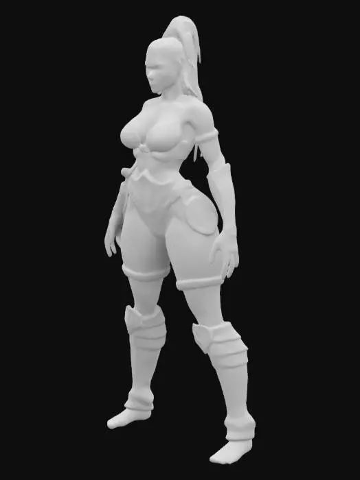 3D model for Powerful toned Asian female, A-pose, arms slightly away, legs hip-width. Large breasts, sculpted core, muscular arms & thighs. High cheekbones, sharp gaze, strong jawline. Tight minimal armor, reinforced chest plate, layered waist guard, form-fitted bracers. Hair long, tied back, battle-ready. Barefoot, stance solid, exuding raw power, fearless warrior presence.