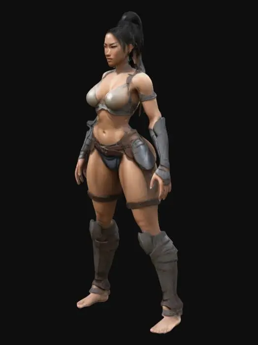 3D model for Powerful toned Asian female, A-pose, arms slightly away, legs hip-width. Large breasts, sculpted core, muscular arms & thighs. High cheekbones, sharp gaze, strong jawline. Tight minimal armor, reinforced chest plate, layered waist guard, form-fitted bracers. Hair long, tied back, battle-ready. Barefoot, stance solid, exuding raw power, fearless warrior presence.