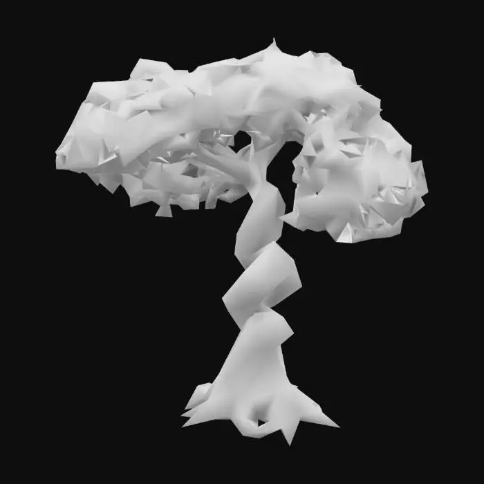 3D model for twisted glowing tree trunk & soft bioluminescent leaves & pastel floating star-shaped fruits & swirling pollen effect & soft rounded branches & cosmic spores & surreal toy-like charm

