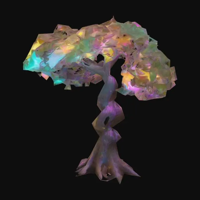 3D model for twisted glowing tree trunk & soft bioluminescent leaves & pastel floating star-shaped fruits & swirling pollen effect & soft rounded branches & cosmic spores & surreal toy-like charm

