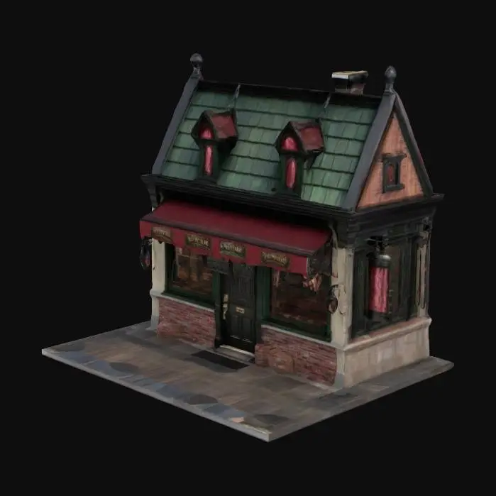3D model for Victorian butcher shop, dark wooden frame, gothic storefront, polished iron-trimmed glass, massive butcher block counter, brass meat hooks, hanging sausages, deep green copper roof shingles, blood-red awning, heavy oak door, engraved signage, leaded glass window, stone foundation, carved wooden columns, black iron lanterns, cold storage vault, gaslight sconces, wrought iron railing, stained wooden floors, large iron chimney, knife sharpening wheel, faint metallic scent, tiled entryway, 