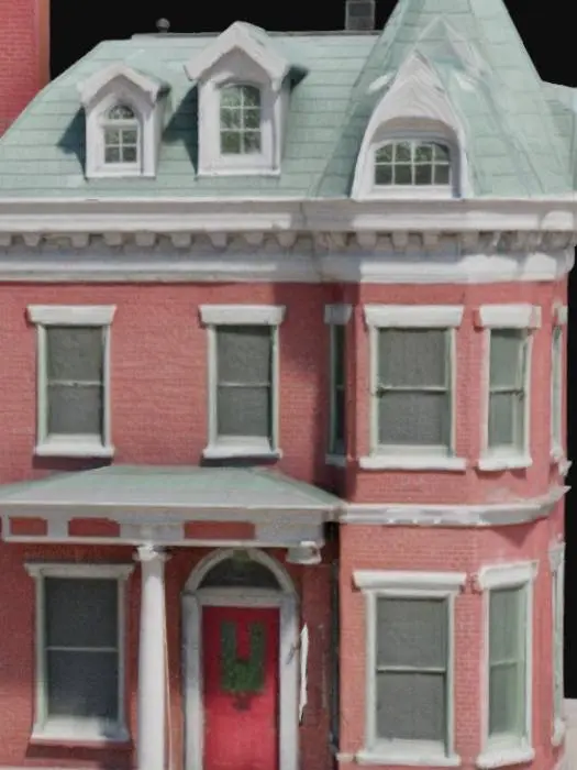 3D model for 1880s mansard town house in Boston. Color scheme is brick, with white stone detailing of the neoclassical style near the bottom, fancy red door with wainscotting, & a side turret. Roof is a copper gray-green color.