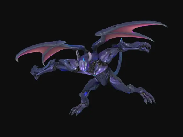 3D model for The creature stands tall and imposing, its body a seamless fusion of sleek, biomechanical armor. Its skin gleams like liquid metal, shifting subtly with every movement, as if alive. From its back extend two massive wings crafted from plasma-forged alloy, each feather-like segment refracting light in shifting hues of violet, blue, and silver. The wings emit a gentle, luminous glow, pulsing softly as if breathing. Its limbs are elongated and elegant, ending in multi-jointed fingers tipped with fine, retractable talons. Two crystalline eyes, multifaceted and glowing with inner circuitry, scan the environment with silent precision. A faint hum surrounds the creature—a byproduct of the energy coursing through its frame—while thin, bioluminescent lines trace across its body like glowing veins.