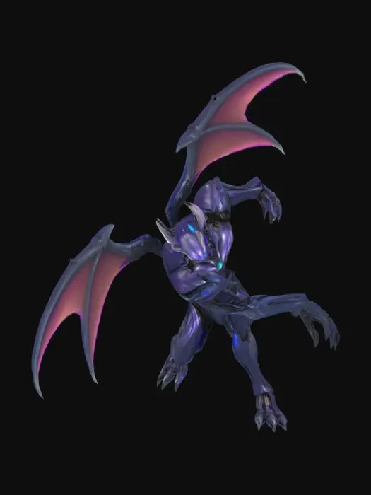 3D model for The creature stands tall and imposing, its body a seamless fusion of sleek, biomechanical armor. Its skin gleams like liquid metal, shifting subtly with every movement, as if alive. From its back extend two massive wings crafted from plasma-forged alloy, each feather-like segment refracting light in shifting hues of violet, blue, and silver. The wings emit a gentle, luminous glow, pulsing softly as if breathing. Its limbs are elongated and elegant, ending in multi-jointed fingers tipped with fine, retractable talons. Two crystalline eyes, multifaceted and glowing with inner circuitry, scan the environment with silent precision. A faint hum surrounds the creature—a byproduct of the energy coursing through its frame—while thin, bioluminescent lines trace across its body like glowing veins.