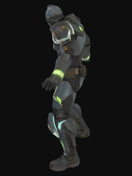 3D model for A futuristic bounty hunter in a T-pose, wearing asymmetrical high-tech armor with glowing accents, utility belts, and a visor-covered helmet. The design mixes tactical realism with sci-fi flair — layered textures, metallic surfaces, and advanced gadgets.