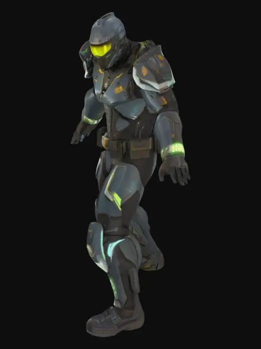 3D model for A futuristic bounty hunter in a T-pose, wearing asymmetrical high-tech armor with glowing accents, utility belts, and a visor-covered helmet. The design mixes tactical realism with sci-fi flair — layered textures, metallic surfaces, and advanced gadgets.