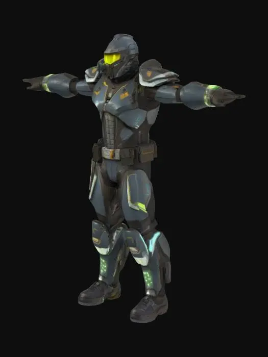 3D model for A futuristic bounty hunter in a T-pose, wearing asymmetrical high-tech armor with glowing accents, utility belts, and a visor-covered helmet. The design mixes tactical realism with sci-fi flair — layered textures, metallic surfaces, and advanced gadgets.
