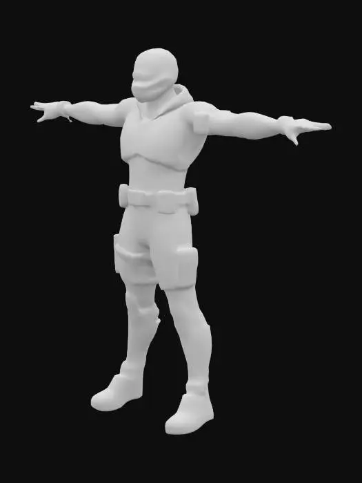 3D model for A cyber-enhanced operative in a T-pose, clad in tight, tactical techwear with glowing neon lines, cybernetic limbs, and a sleek augmented visor. His body features embedded circuitry and modular armor panels, blending street-level grit with high-tech style. Full-body pose
