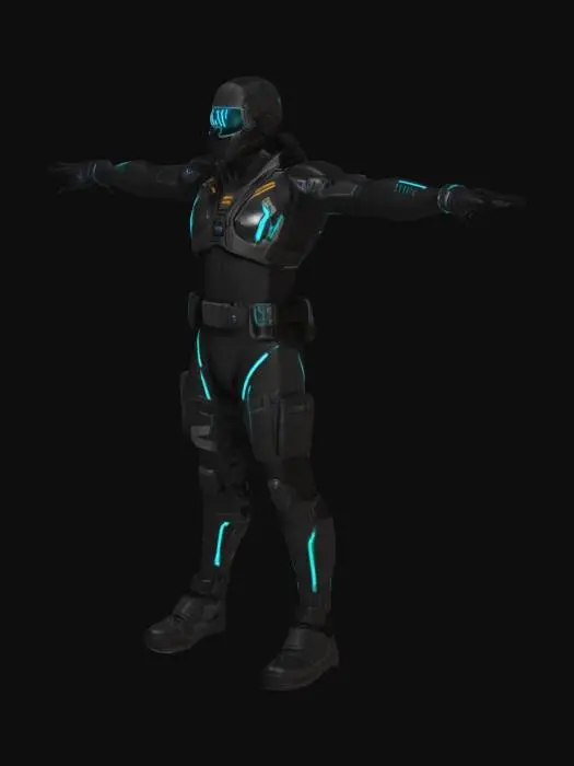 3D model for A cyber-enhanced operative in a T-pose, clad in tight, tactical techwear with glowing neon lines, cybernetic limbs, and a sleek augmented visor. His body features embedded circuitry and modular armor panels, blending street-level grit with high-tech style. Full-body pose

