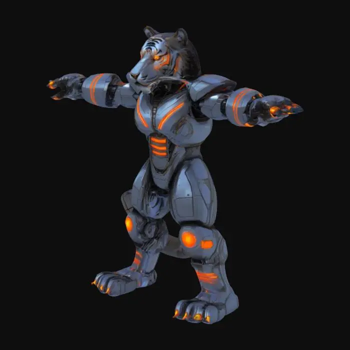 3D model for A cybernetic tiger in a T-pose, featuring armored plating over its muscular frame, glowing stripes along its body, and mechanical enhancements like reinforced claws, a segmented tail, and cyber-optic eyes. Its design blends wild power with futuristic tech — detailed, symmetrical, full-body