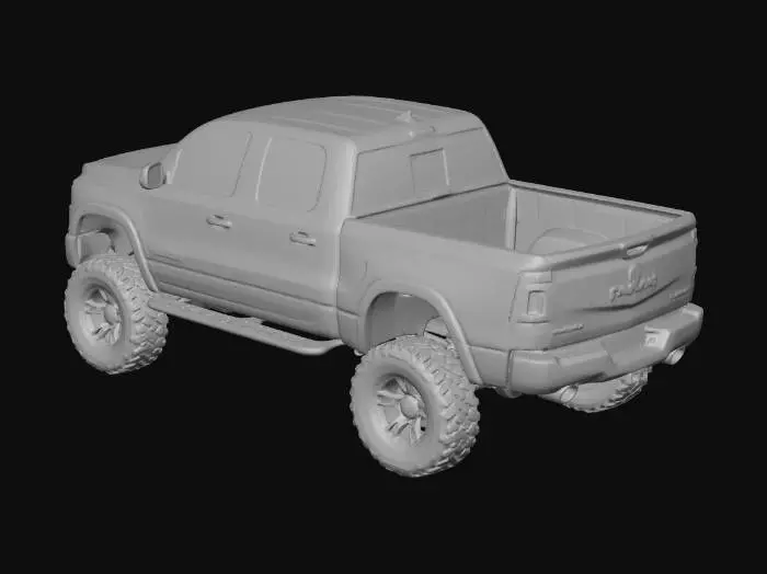3D model for 2025 Dodge Ram pickup truck, blue, crew cab, two-inch lift, off-road tires with 20-inch rims, black with Ram decal, dark tinted windows, with YITAMOTOR Running Boards, with a Roll Up Truck Bed Tonneau Cover.Strobe 3.5 Inch LED Hood Hinge Ditch Light Pods. Ram in the front grill, and the tail gate.