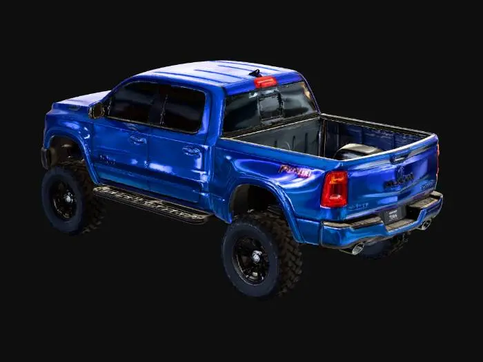 3D model for 2025 Dodge Ram pickup truck, blue, crew cab, two-inch lift, off-road tires with 20-inch rims, black with Ram decal, dark tinted windows, with YITAMOTOR Running Boards, with a Roll Up Truck Bed Tonneau Cover.Strobe 3.5 Inch LED Hood Hinge Ditch Light Pods. Ram in the front grill, and the tail gate.