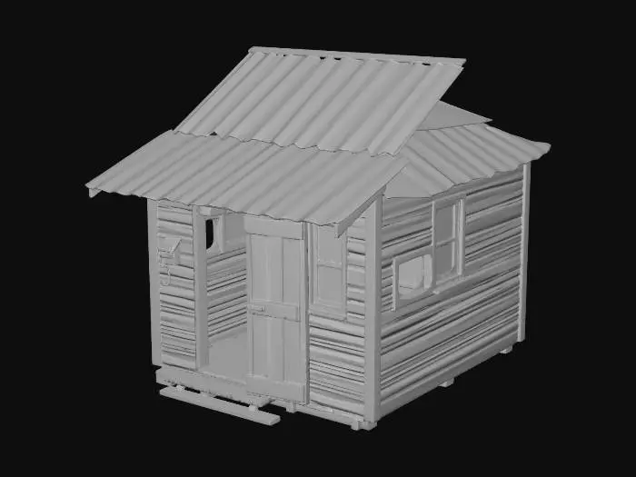 3D model for A severely dilapidated single-room storage cabin, its rectangular structure leaning precariously. Weathered, rotting wooden planks, faded grey-brown with peeling paint, form the walls and a partially collapsed roof of rusted corrugated metal. All windows are crudely boarded up with splintered, dark timber, while the rough, discolored door hangs ajar. The entire surface feels brittle and gritty to the touch.
