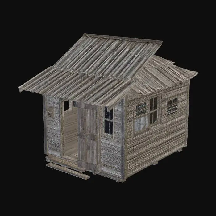 3D model for A severely dilapidated single-room storage cabin, its rectangular structure leaning precariously. Weathered, rotting wooden planks, faded grey-brown with peeling paint, form the walls and a partially collapsed roof of rusted corrugated metal. All windows are crudely boarded up with splintered, dark timber, while the rough, discolored door hangs ajar. The entire surface feels brittle and gritty to the touch.
