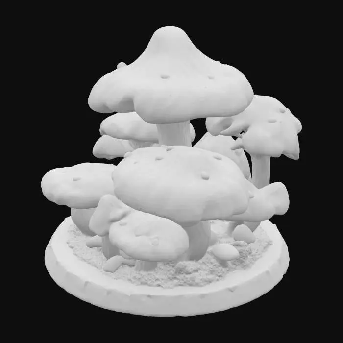 3D model for A 3D model of a nature-inspired circular base with fantastical, uniquely shaped fungi growing from it. The fungi should have smooth surfaces and an organic, dreamlike appearance. Avoid repetitive or uniform shapes; ensure each generation introduces random variations for diversity. The model must be watertight, structurally stable, and suitable for 3D printing as an artistic object. Focus on elegant forms, natural growth patterns, and otherworldly details.