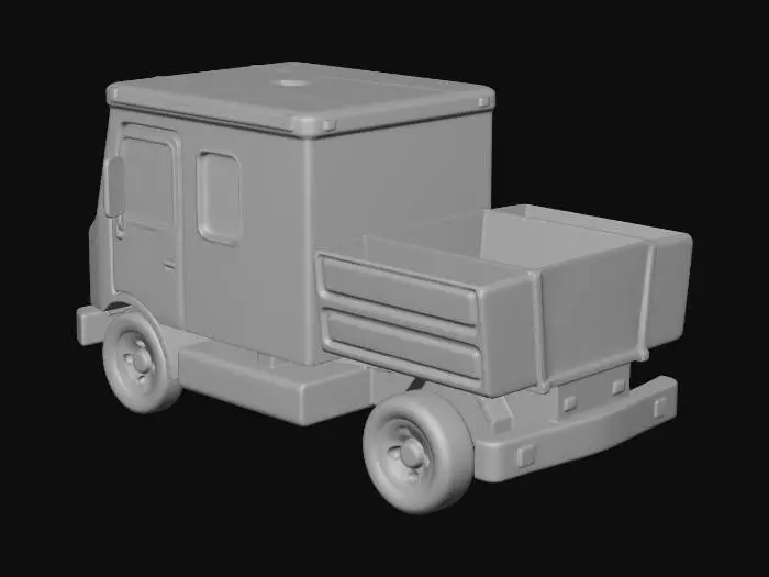 3D model for Create a stylized toy delivery truck 3D model suitable for a browser-based arcade driving game.

Overall style:
	•	Toy-like, playful, non-realistic
	•	Rounded edges, soft corners
	•	Clean geometry, medium-low poly
	•	Looks like a plastic toy vehicle

Truck design:
	•	Cabin: bright yellow, compact, rounded
	•	Cargo box: blue rectangular box, simple flat panels
	•	Roof: white, slightly rounded
	•	Windows: opaque or semi-transparent, light gray
	•	Wheels: chunky toy wheels, black tires, simple rims
	•	Details: basic grill, headlights, rear lights, cargo door handles
	•	No real-world logos or branding

Proportions:
	•	Slightly exaggerated toy proportions
	•	Large wheels relative to body
	•	Short cabin, boxy cargo area

Materials:
	•	Plastic-like materials
	•	Slight gloss, low roughness
	•	Soli