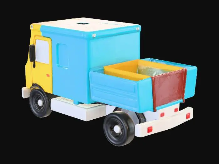 3D model for Create a stylized toy delivery truck 3D model suitable for a browser-based arcade driving game.

Overall style:
	•	Toy-like, playful, non-realistic
	•	Rounded edges, soft corners
	•	Clean geometry, medium-low poly
	•	Looks like a plastic toy vehicle

Truck design:
	•	Cabin: bright yellow, compact, rounded
	•	Cargo box: blue rectangular box, simple flat panels
	•	Roof: white, slightly rounded
	•	Windows: opaque or semi-transparent, light gray
	•	Wheels: chunky toy wheels, black tires, simple rims
	•	Details: basic grill, headlights, rear lights, cargo door handles
	•	No real-world logos or branding

Proportions:
	•	Slightly exaggerated toy proportions
	•	Large wheels relative to body
	•	Short cabin, boxy cargo area

Materials:
	•	Plastic-like materials
	•	Slight gloss, low roughness
	•	Soli