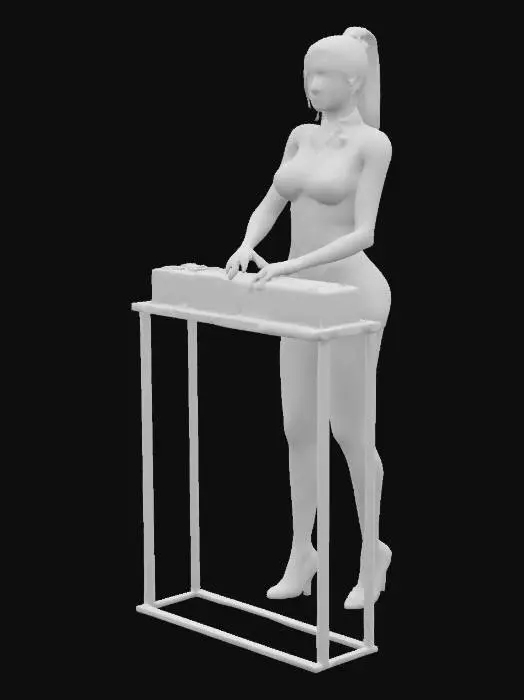 3D model for Eine stilvolle Frau mit langem braunen Haar und geradem Vollpony, trägt ein funkelndes, silbernes Outfit auf einem DJ-Pult. Sie steht in einem modernen Club mit Neonlichtern, die im Hintergrund in Blau und Violett leuchten. Sie lächelt selbstbewusst, Kopfhörer um den Hals, Hände an den Turntables, energiegeladene Atmosphäre, futuristischer Vibe, Hochglanz-Stil