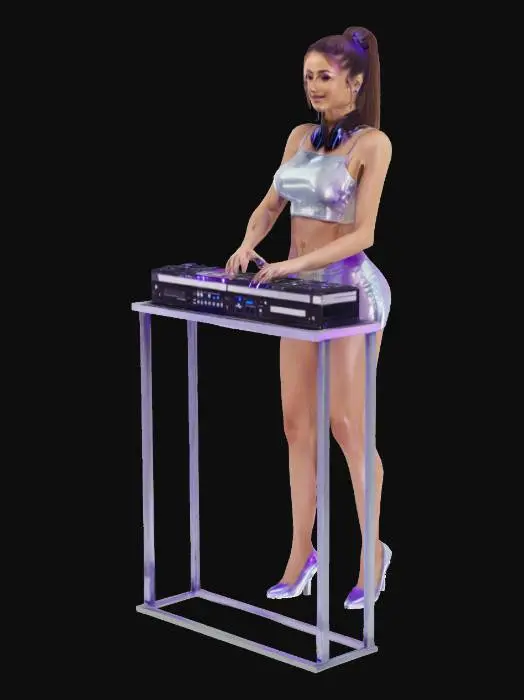 3D model for Eine stilvolle Frau mit langem braunen Haar und geradem Vollpony, trägt ein funkelndes, silbernes Outfit auf einem DJ-Pult. Sie steht in einem modernen Club mit Neonlichtern, die im Hintergrund in Blau und Violett leuchten. Sie lächelt selbstbewusst, Kopfhörer um den Hals, Hände an den Turntables, energiegeladene Atmosphäre, futuristischer Vibe, Hochglanz-Stil