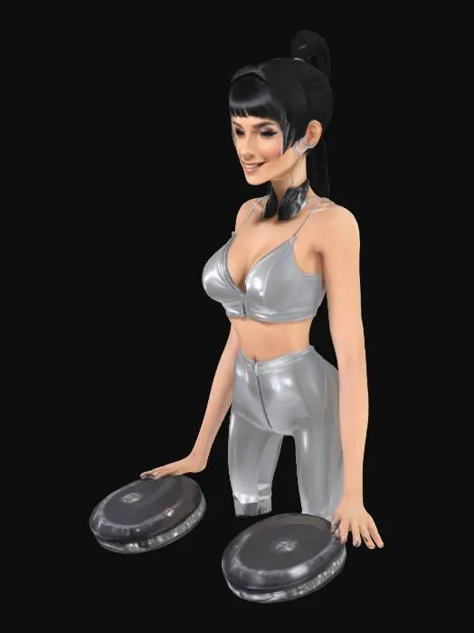 3D model for Eine stilvolle Frau sexy mit langem schwarze Haar und geradem Vollpony, trägt ein funkelndes, silbernes Outfit. Sie lächelt selbstbewusst, Kopfhörer um den Hals, Hände an den Turntables, energiegeladene Atmosphäre, futuristischer Vibe, Hochglanz-Stil