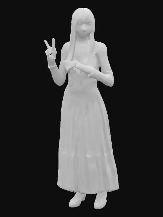 3D model for „Junge Frau in japanischer Schuluniform, Sailor Fuku, weißes langärmliges Oberteil mit marineblauem Kragen und Schleife, dunkler Faltenrock, lange glatte dunkle Haare, hält ein Smartphone mit Anime-Hülle vor das Gesicht, zeigt ein Peace-Zeichen, weiße Overknee-Strümpfe, neutraler Hintergrund, weiches natürliches Licht, fotorealistisch, Ganzkörperansicht, saubere minimalistische Komposition, hohe Detailgenauigkeit, realistische Texturen, 85mm-Objektiv, Studioqualität