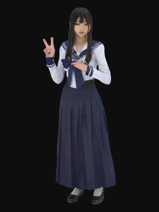 3D model for „Junge Frau in japanischer Schuluniform, Sailor Fuku, weißes langärmliges Oberteil mit marineblauem Kragen und Schleife, dunkler Faltenrock, lange glatte dunkle Haare, hält ein Smartphone mit Anime-Hülle vor das Gesicht, zeigt ein Peace-Zeichen, weiße Overknee-Strümpfe, neutraler Hintergrund, weiches natürliches Licht, fotorealistisch, Ganzkörperansicht, saubere minimalistische Komposition, hohe Detailgenauigkeit, realistische Texturen, 85mm-Objektiv, Studioqualität