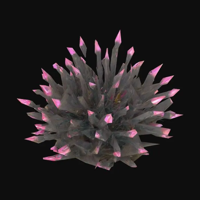 3D model for Alien bush with spiked crystal thorns, metallic bark, radiant gem clusters instead of leaves, sharp and dangerous look, 3D model ready for PBR texturing, suitable for an alien desert biome