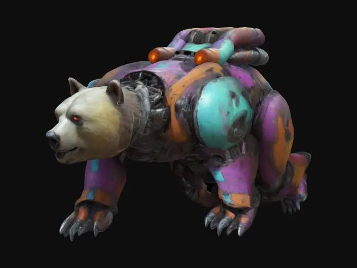 3D model for a ghostly, spooky mechanical bear, ghostly colors, with rockets on his back, mighty, big, 4k textures, high detail, good symethry