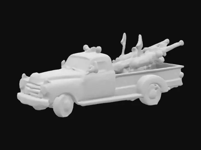 3D model for A red ancient chineese pickup truck with firework launcher on the back, red flags and golden spears on its bumper, 4k textures, good quality, good symethry, #ChronoForgeWeapon#